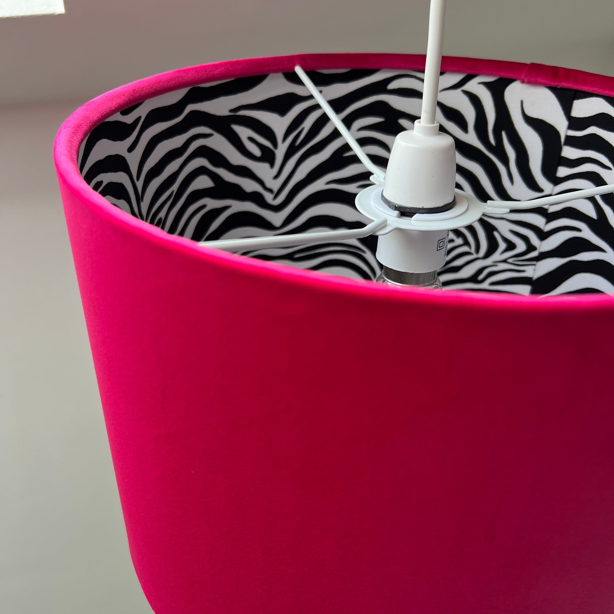 Cerise Pink Velvet &amp; Zebra Cotton Double Sided Drum Lampshade | Handmade Ceiling Light Shade | Bespoke UK