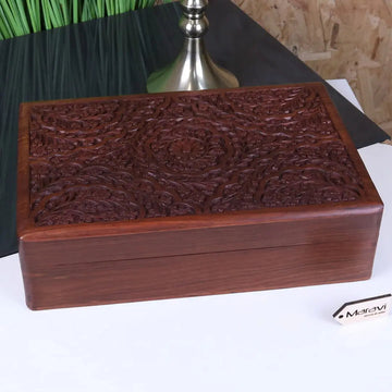 Luxury hand carved wooden box, elegant Sheesham wood jewelry storage with floral lid, premium artisan craftsmanship by Maravi at brixbailey.com