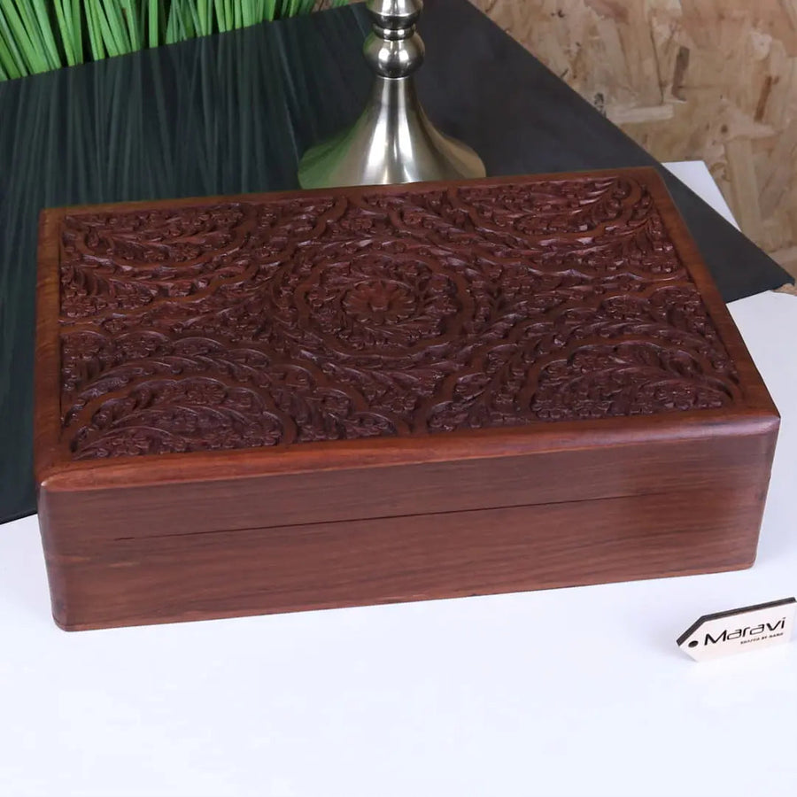 Luxury hand carved wooden box, elegant Sheesham wood jewelry storage with floral lid, premium artisan craftsmanship by Maravi at brixbailey.com
