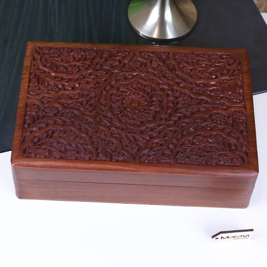 Luxury hand carved wooden box, elegant Sheesham wood floral jewelry storage, premium artisan crafted heirloom decor by Maravi at brixbailey.com