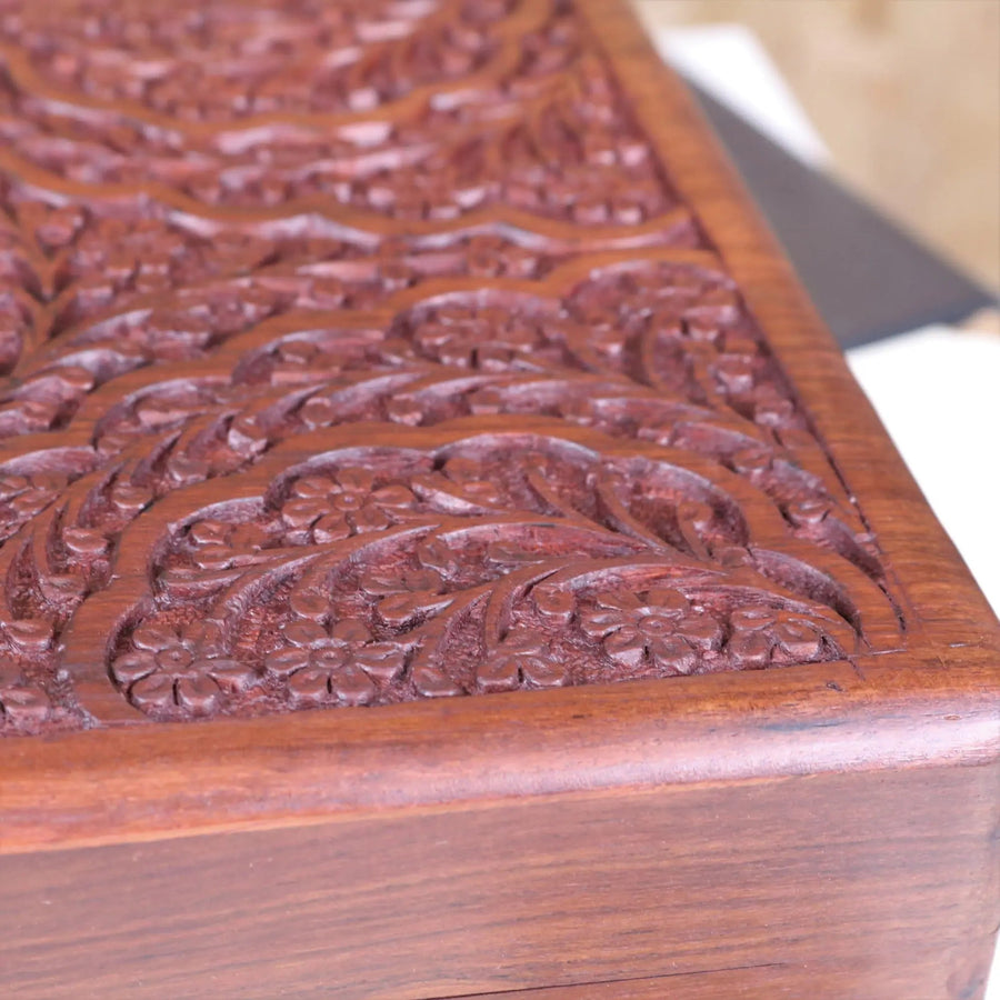 Luxury Chamring large hand carved wooden box, premium Sheesham wood with floral pattern, elegant jewelry storage, best-selling home decor by Maravi at brixbailey.com