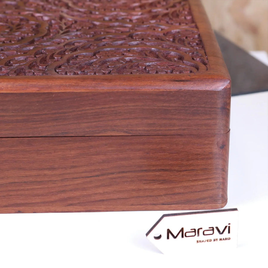 Luxury Chamring large hand carved wooden box, premium Sheesham wood, elegant floral pattern, best-selling jewelry storage, stylish home decor by Maravi at brixbailey.com