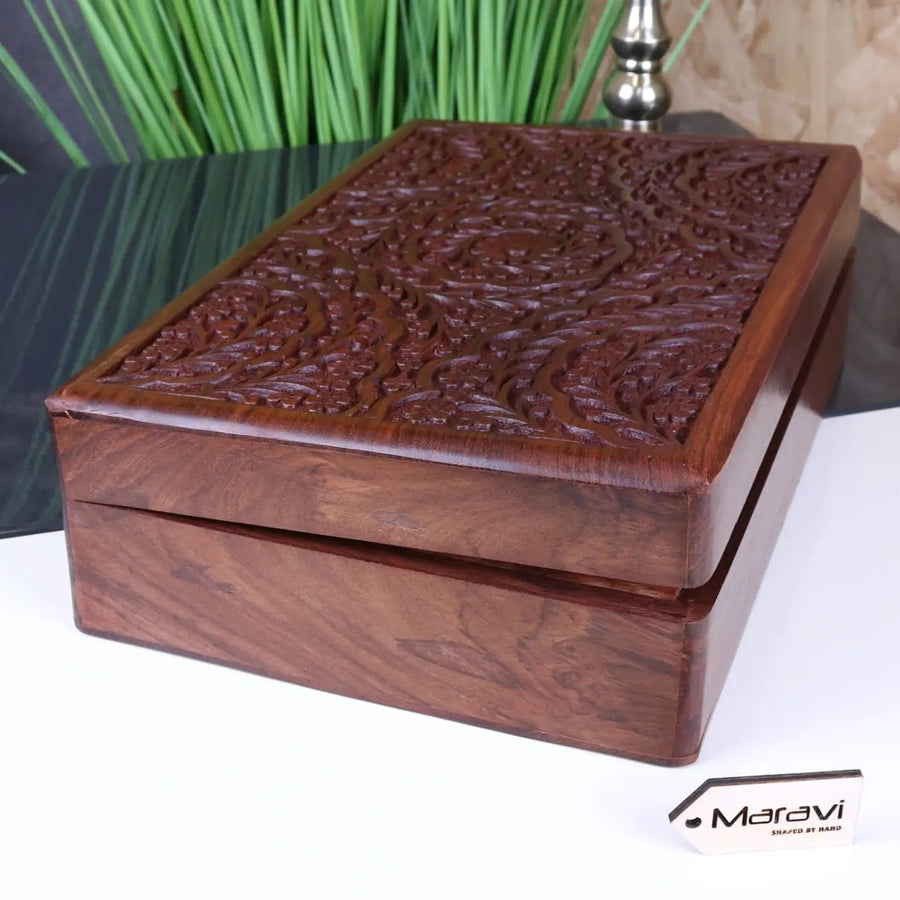 Luxury hand carved Sheesham wood box, elegant floral pattern, premium jewelry storage, best-selling home decor, stylish heirloom piece by Maravi at brixbailey.com