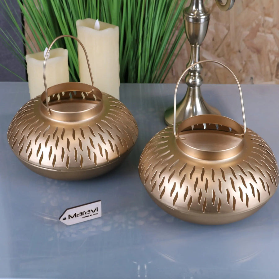 Premium Mohra Gold Candle Lantern Set of 2, Moroccan Style Metal Tea Light Holders, Festive Decorative Indoor Outdoor Lighting by Maravi at brixbailey.com