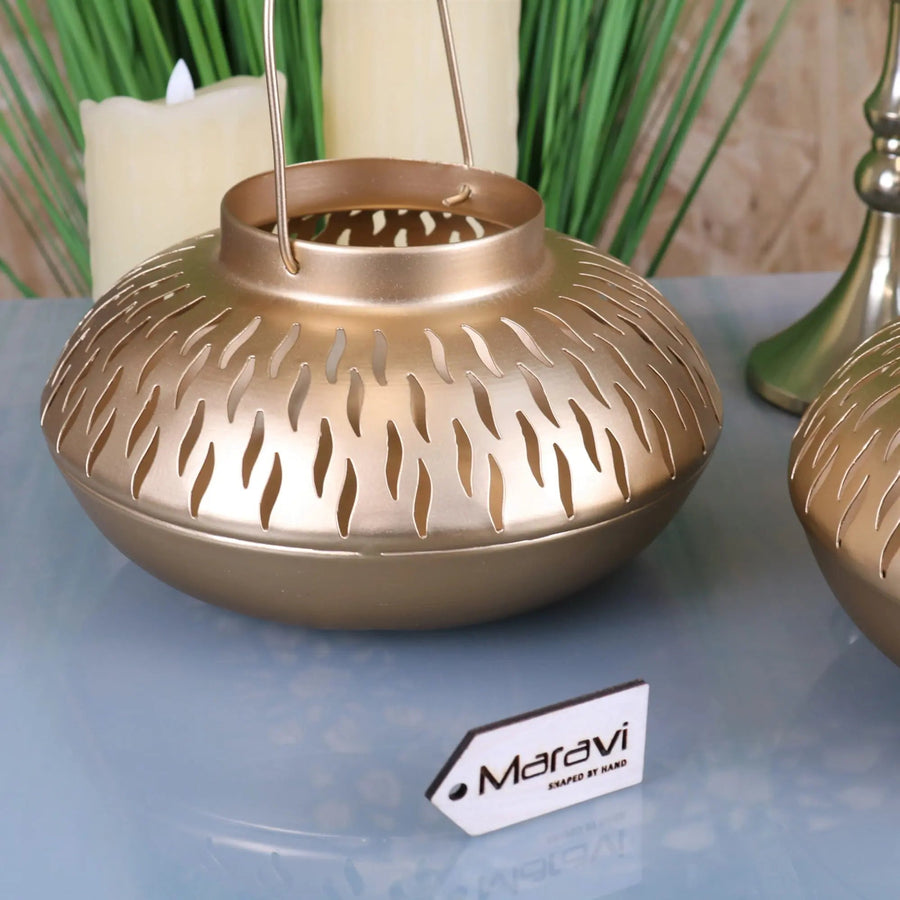 Premium Mohra Gold Moroccan Candle Lantern Set of 2, Festive Elegant Metal Tea Light Holders with Cut-Out Designs by Maravi at brixbailey.com
