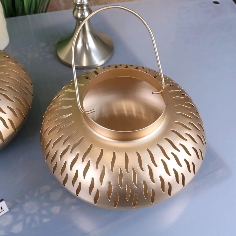 Premium Mohra Gold Moroccan Candle Lantern Set of 2, Festive Elegant Metal Tea Light Holders with Cut-Out Designs by Maravi at brixbailey.com