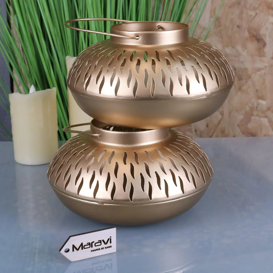 Premium Mohra Gold Moroccan Candle Lantern Set of 2, Stylish Festive Decor with Cut-Out Designs for Tea Lights and Pillar Candles by Maravi at brixbailey.com