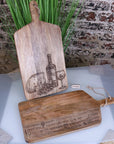Premium wooden serving board with cheese and wine laser engraving, stylish mango wood charcuterie board for elegant dining by Maravi at brixbailey.com