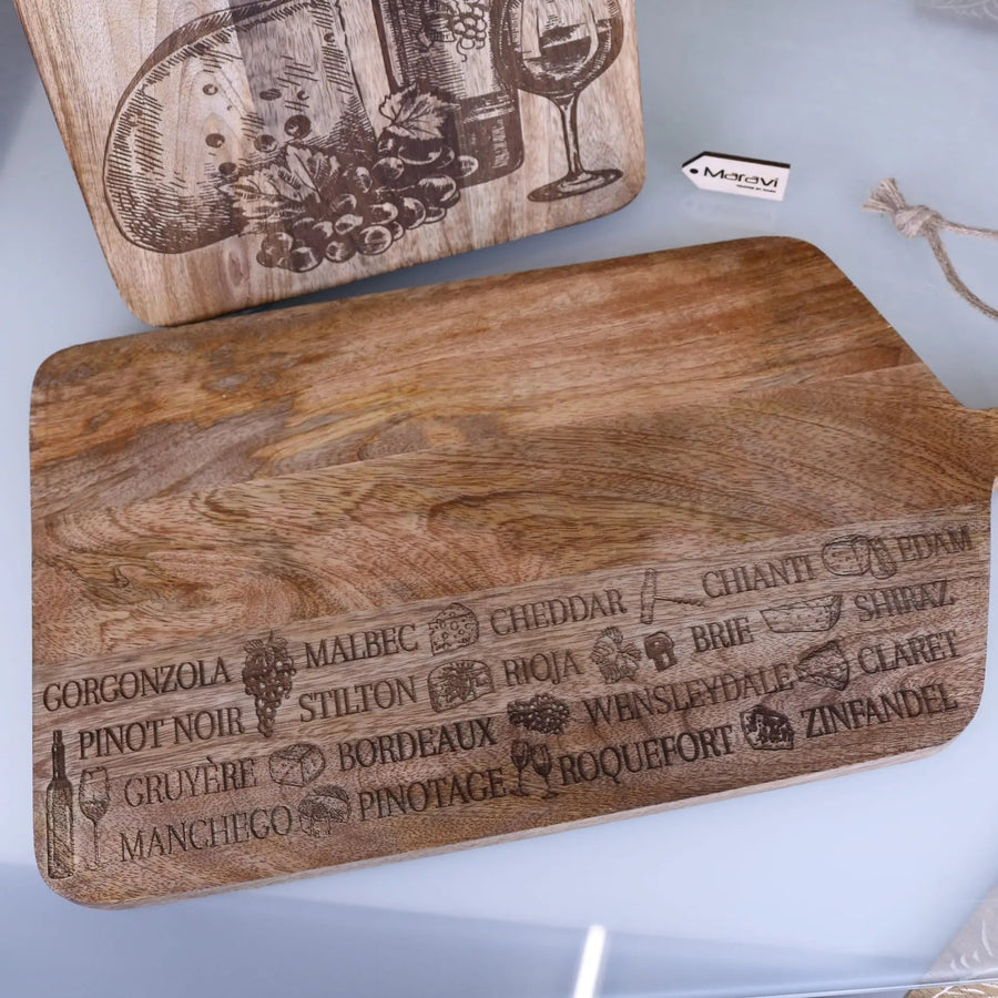 Luxury wooden serving board with cheese and wine laser engraving, premium mango wood, stylish dining accessory, best-selling kitchen gift by Maravi at brixbailey.com