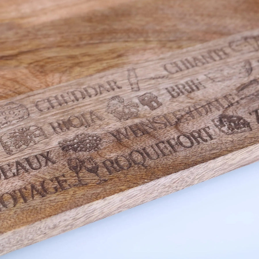 Luxury wooden serving board, elegant cheese and wine theme, premium mango wood, stylish laser-engraved design, best-selling kitchen accessory by Maravi at brixbailey.com