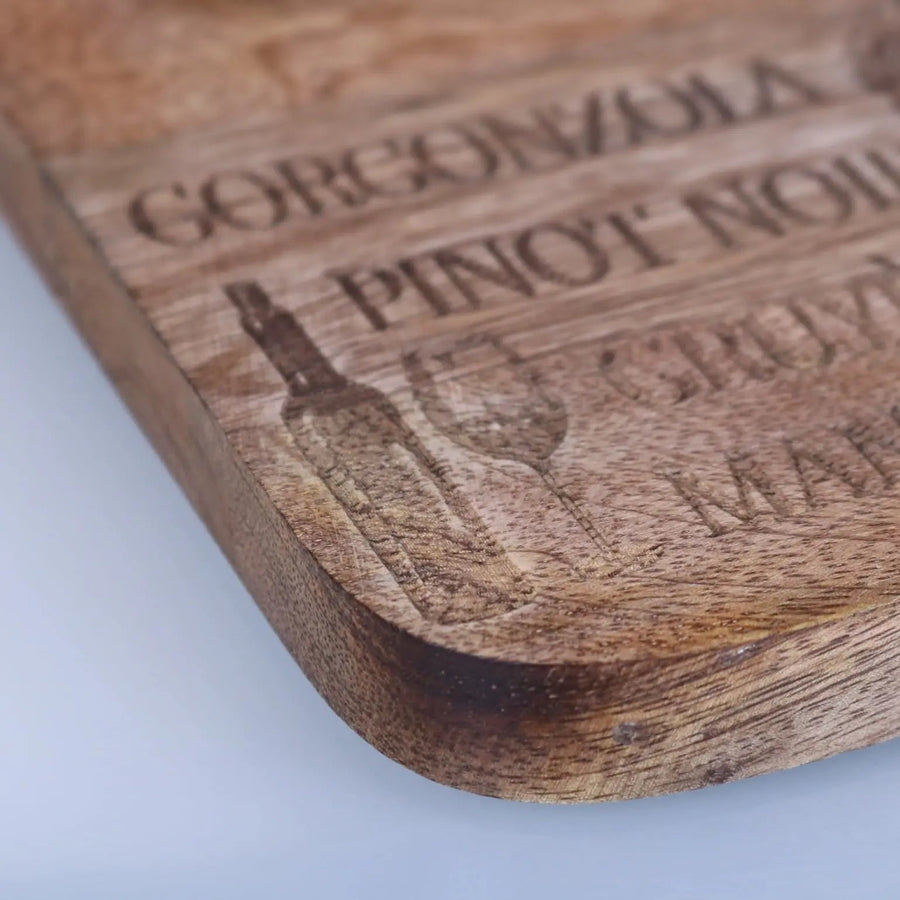 Luxury wooden serving board, premium mango wood cheese and wine platter, stylish engraved dining accessory, best-selling 50cm charcuterie board by Maravi at brixbailey.com