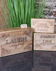 Noakh Live Laugh Love wooden storage boxes with lids, premium mango wood hinged lid set, stylish rustic home decor, best-selling inspirational gift by Maravi at brixbailey.com
