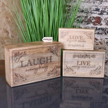 Noakh Live Laugh Love wooden storage boxes with lids, premium mango wood hinged lid set, stylish rustic home decor, best-selling inspirational gift by Maravi at brixbailey.com