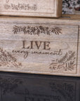 Noakh Live Laugh Love wooden storage boxes with lids, premium mango wood, handcrafted rustic decor, best-selling home organization set by Maravi at brixbailey.com