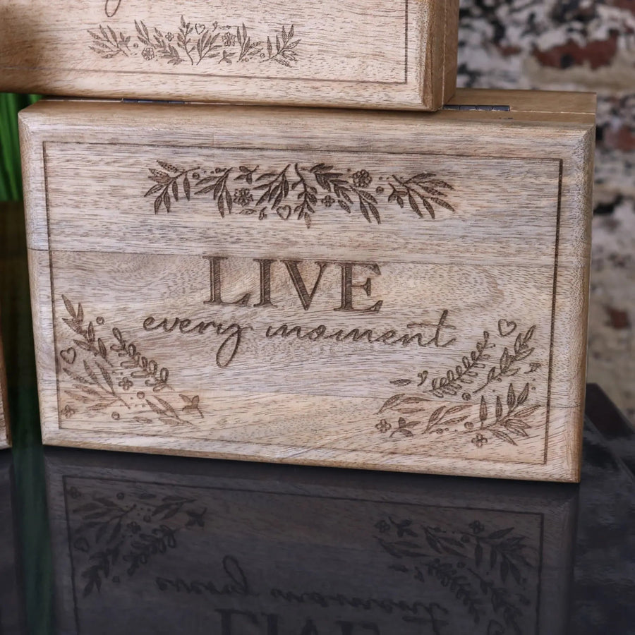Noakh Live Laugh Love wooden storage boxes with lids, premium mango wood, handcrafted rustic decor, best-selling home organization set by Maravi at brixbailey.com