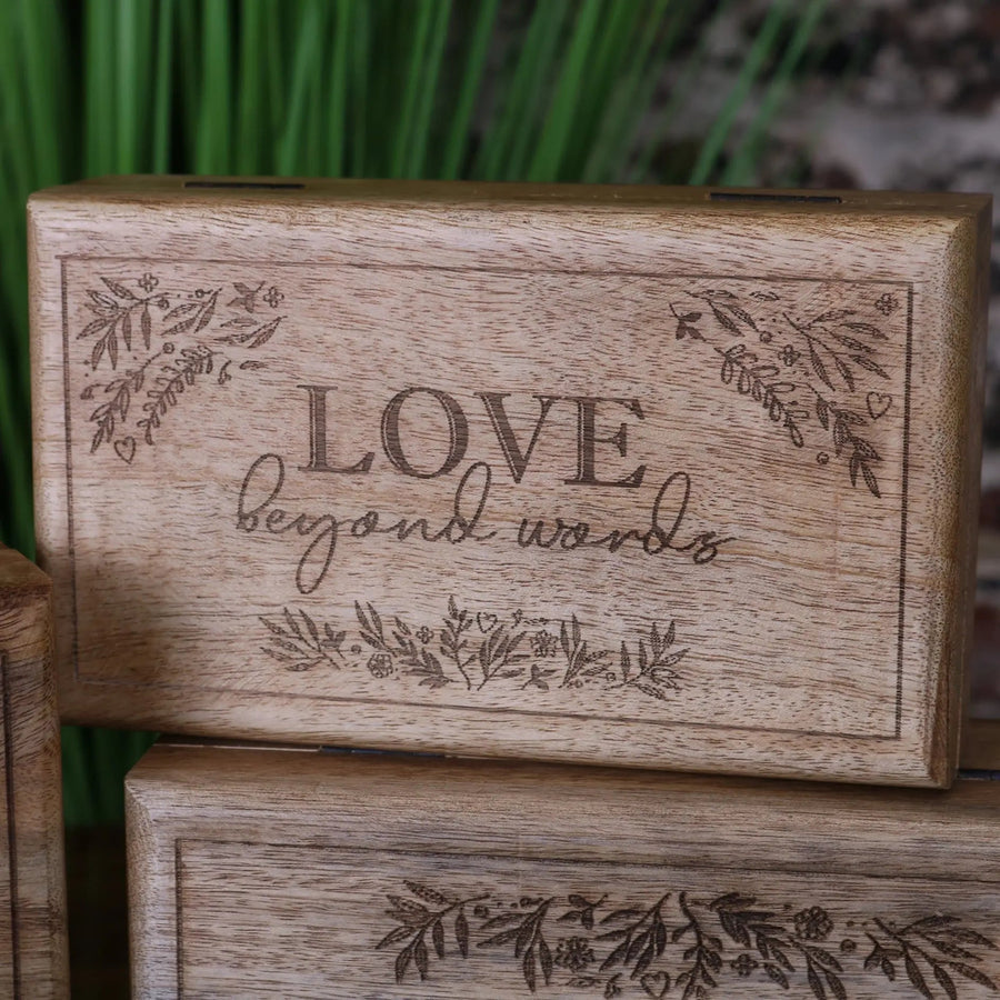 Noakh Live Laugh Love wooden storage boxes with lids, premium mango wood hinged lid set, stylish rustic home decor, best-selling inspirational gift by Maravi at brixbailey.com