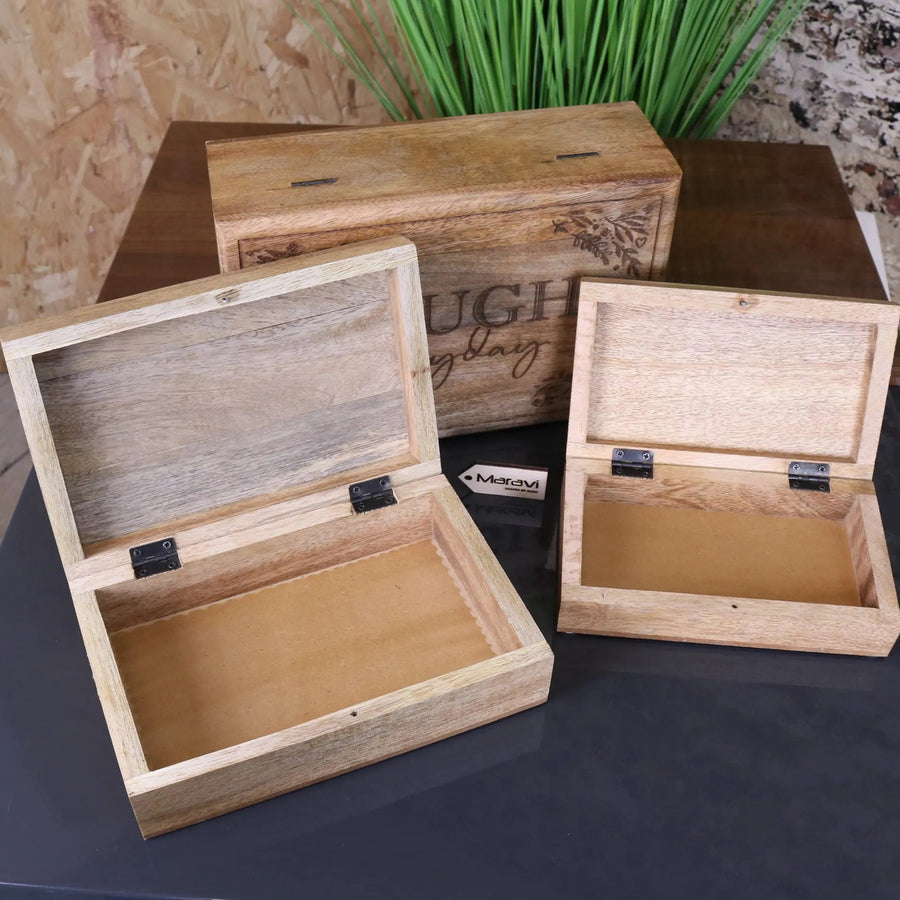 Noakh Live Laugh Love wooden storage boxes with lids, premium mango wood, rustic home decor, best-selling inspirational gift set by Maravi at brixbailey.com