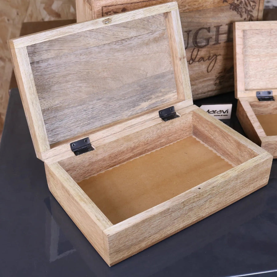 Noakh Live Laugh Love wooden storage boxes with lids, premium mango wood, handcrafted rustic decor, best-selling home organization set by Maravi at brixbailey.com