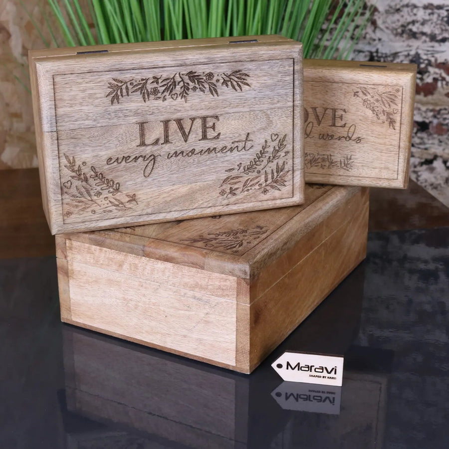 Premium Noakh Live Laugh Love Wooden Storage Box Set, Handcrafted Mango Wood with Hinged Lids, Rustic Home Decor, Best-Selling Gift by Maravi at brixbailey.com