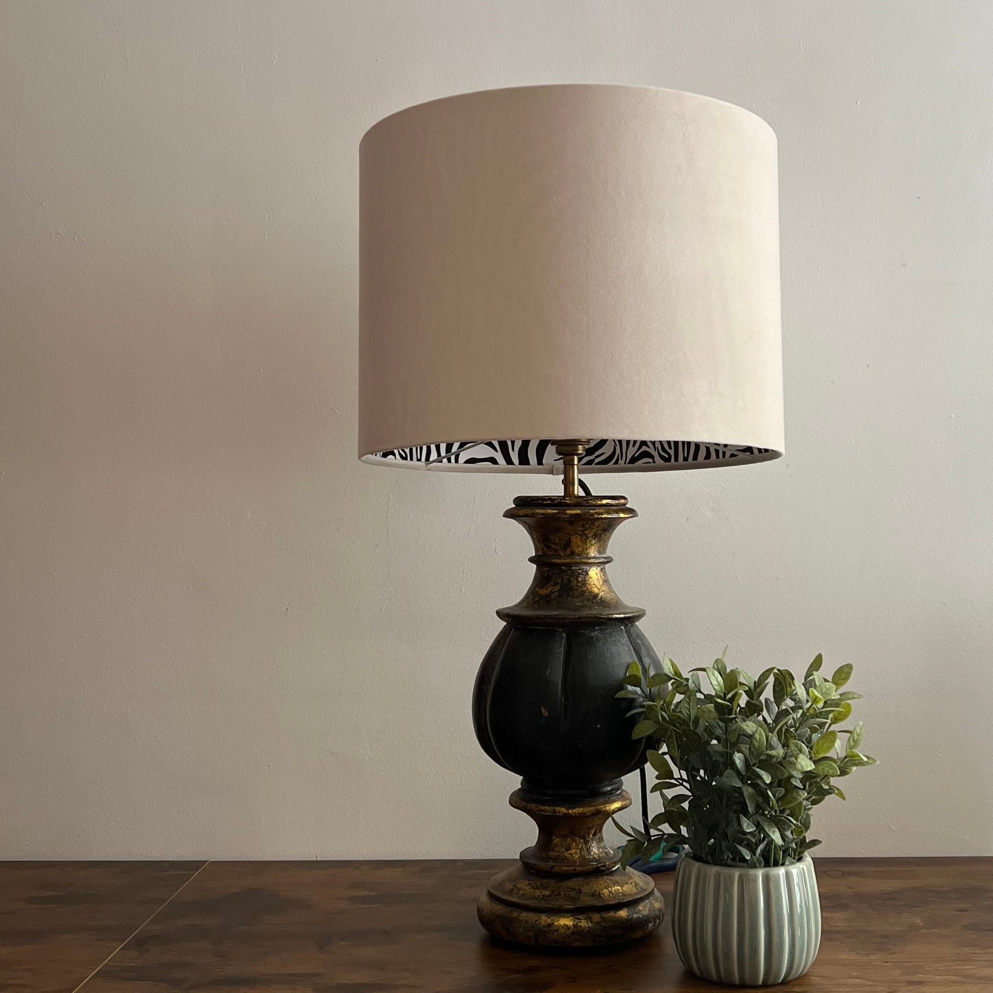 Cream Velvet &amp; Zebra Cotton Double Sided Drum Lampshade | Handmade Ceiling Light Shade | Bespoke UK
