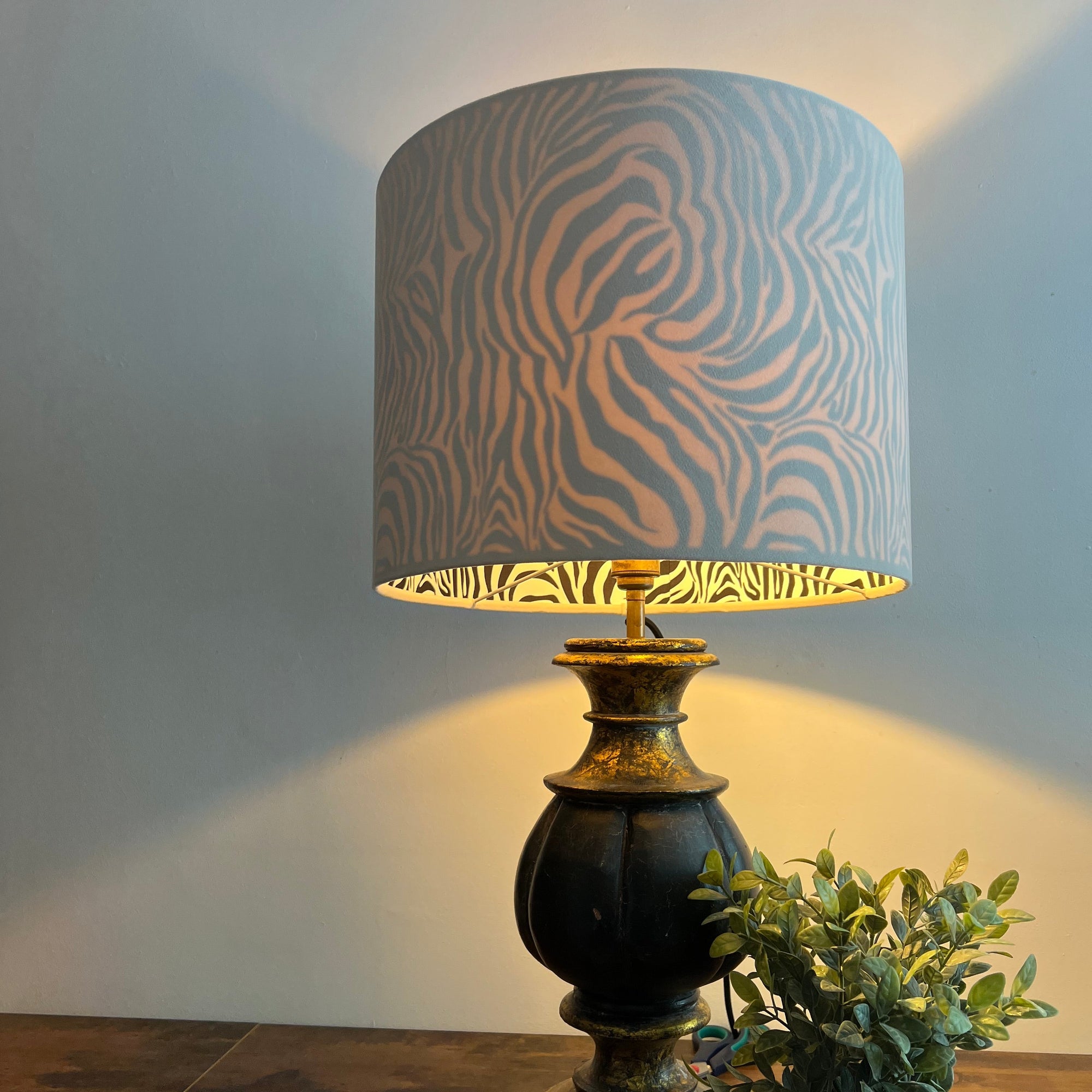 Cream Velvet &amp; Zebra Cotton Double Sided Drum Lampshade | Handmade Ceiling Light Shade | Bespoke UK