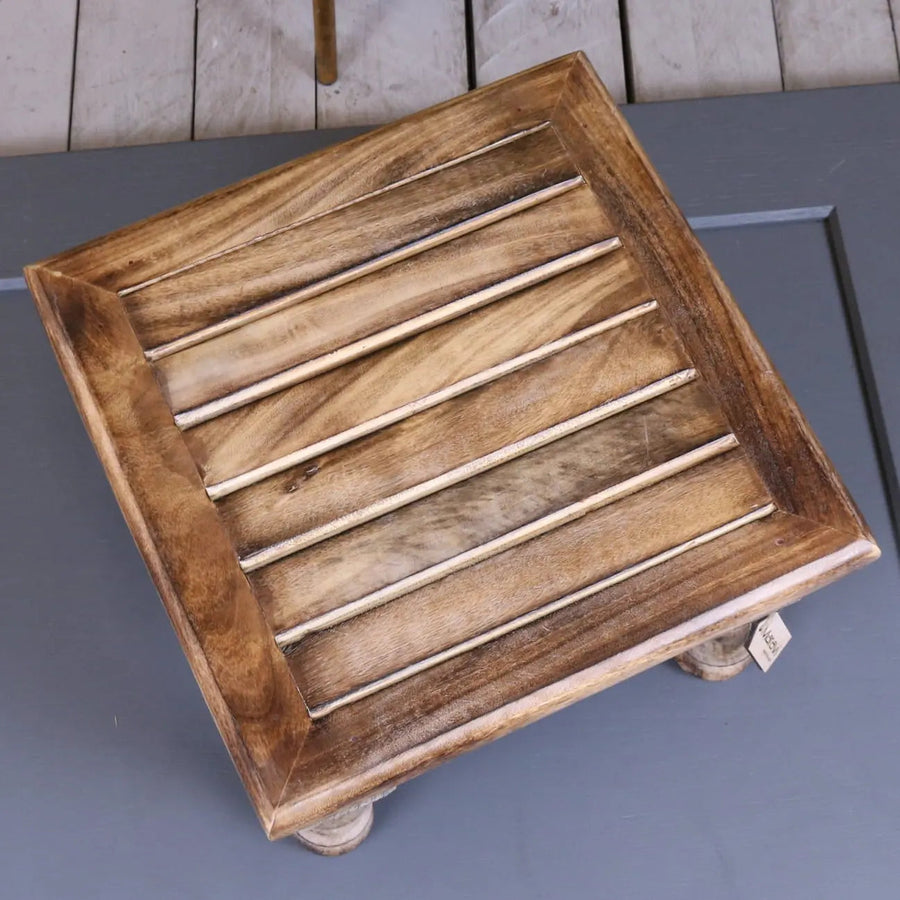 Premium Mol mango wood stool, versatile stylish footstool, sustainable hardwood, compact square design, rustic home decor by Maravi at brixbailey.com