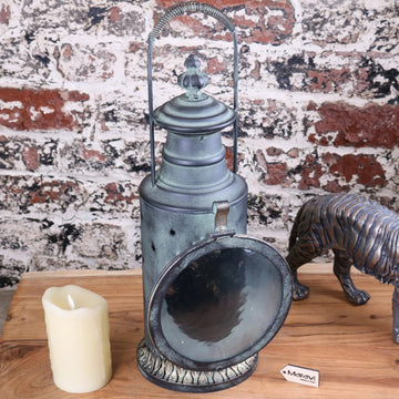 Orchha vintage railway lantern, luxury colonial style metal and glass candle holder, premium handcrafted decor for indoor use by Maravi at brixbailey.com