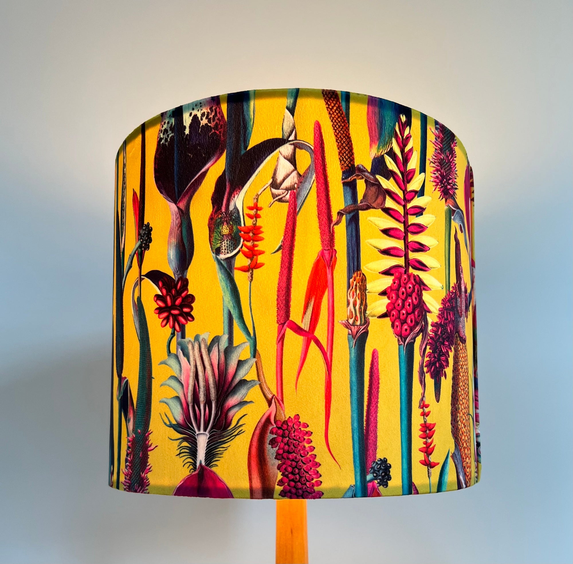 Mustard botanical velvet drum lampshade / ceiling shade, with a white lining