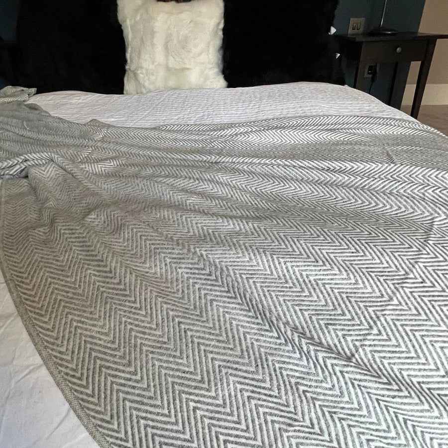 Luxury Noble Cashmere Blanket, premium handwoven herringbone throw, soft grey, oversized 125x250cm, best-selling cozy comfort by Wildash London at brixbailey.com