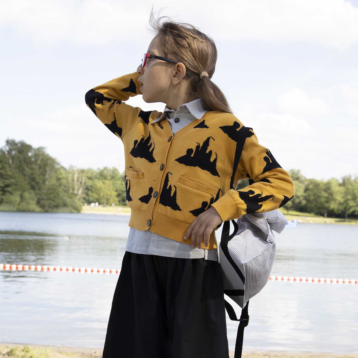 Yellow Knitted Cardigan with Beach Castle Design