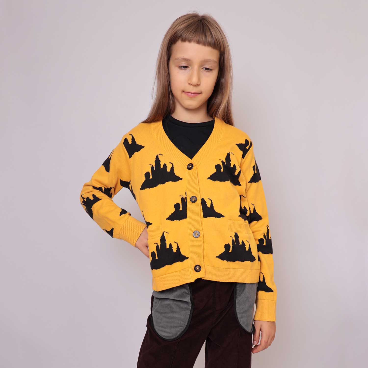 Yellow Knitted Girls and Boys Cardigan with Beach Castle-1