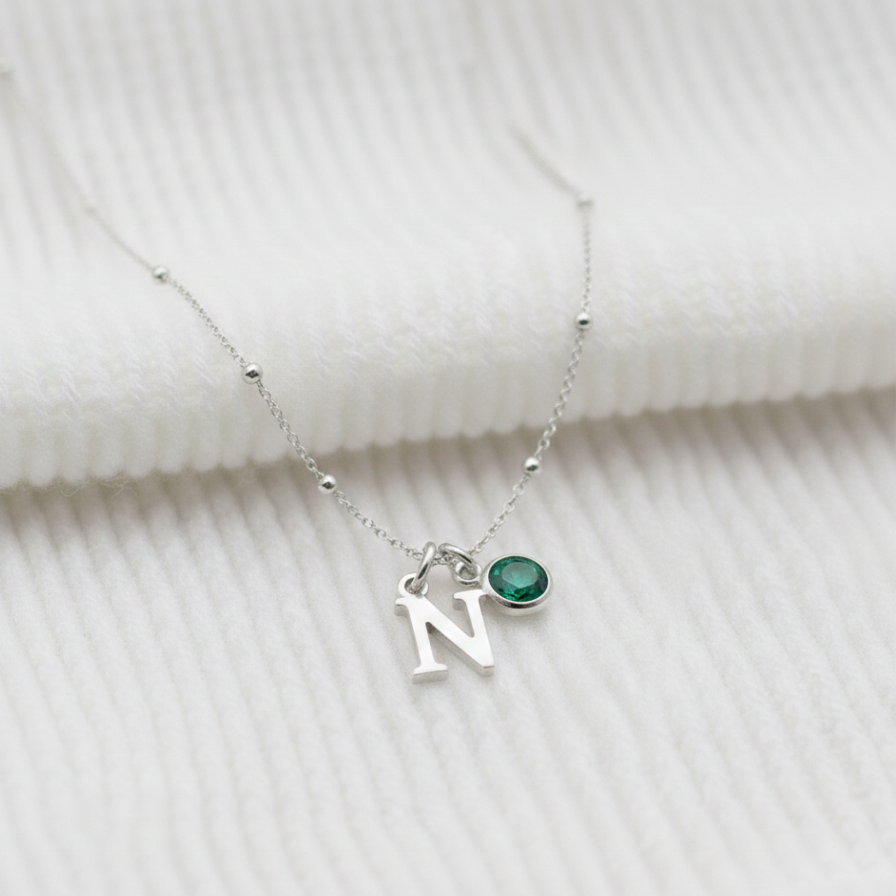 May Birthstone &amp; Initial Charm Necklace