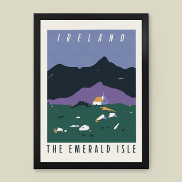 Luxury midcentury modern Ireland retro travel print, premium 230gsm paper, framed options available, vibrant emerald isle landscape by Little Egret Design at brixbailey.com