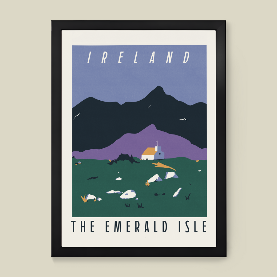 Luxury midcentury modern Ireland retro travel print, premium 230gsm paper, framed options available, vibrant emerald isle landscape by Little Egret Design at brixbailey.com