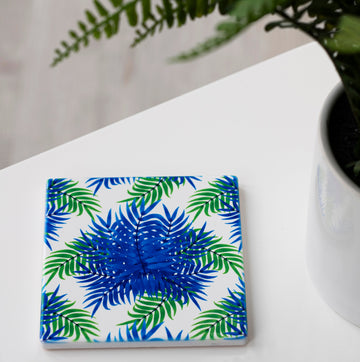 Luxurious Leaves ceramic coasters set of 2, premium green and blue leaf design, elegant non-scratch cork backing, 10cm square by Isla Lawrie at brixbailey.com
