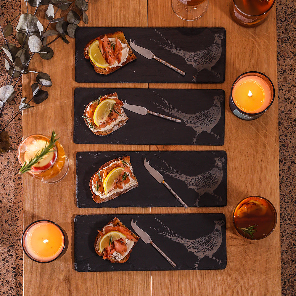 Pheasant Mini Slate Cheese Board &amp; Knife Sets - Set of 4