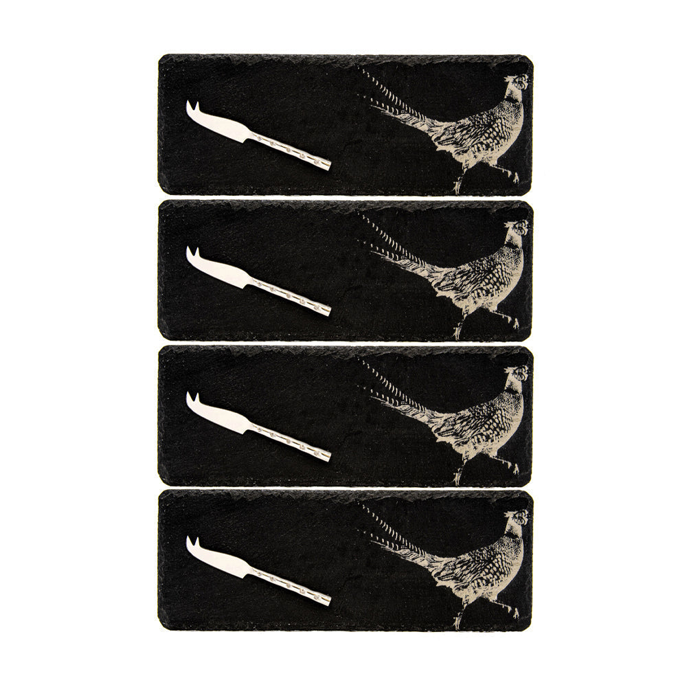 Pheasant Mini Slate Cheese Board &amp; Knife Sets - Set of 4