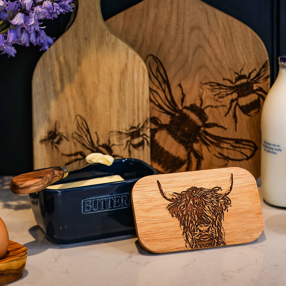 Highland Cow Blue Butter Dish