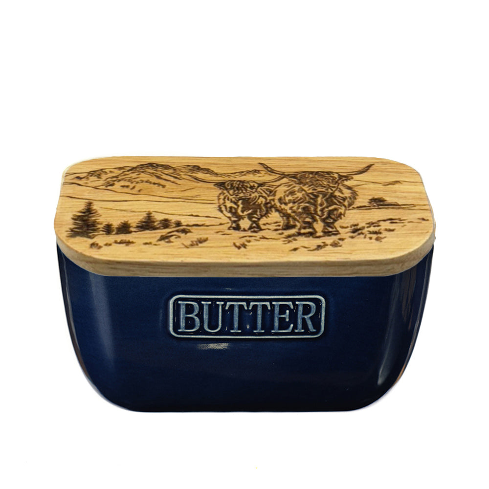 Scenic Highland Cow Blue Butter Dish