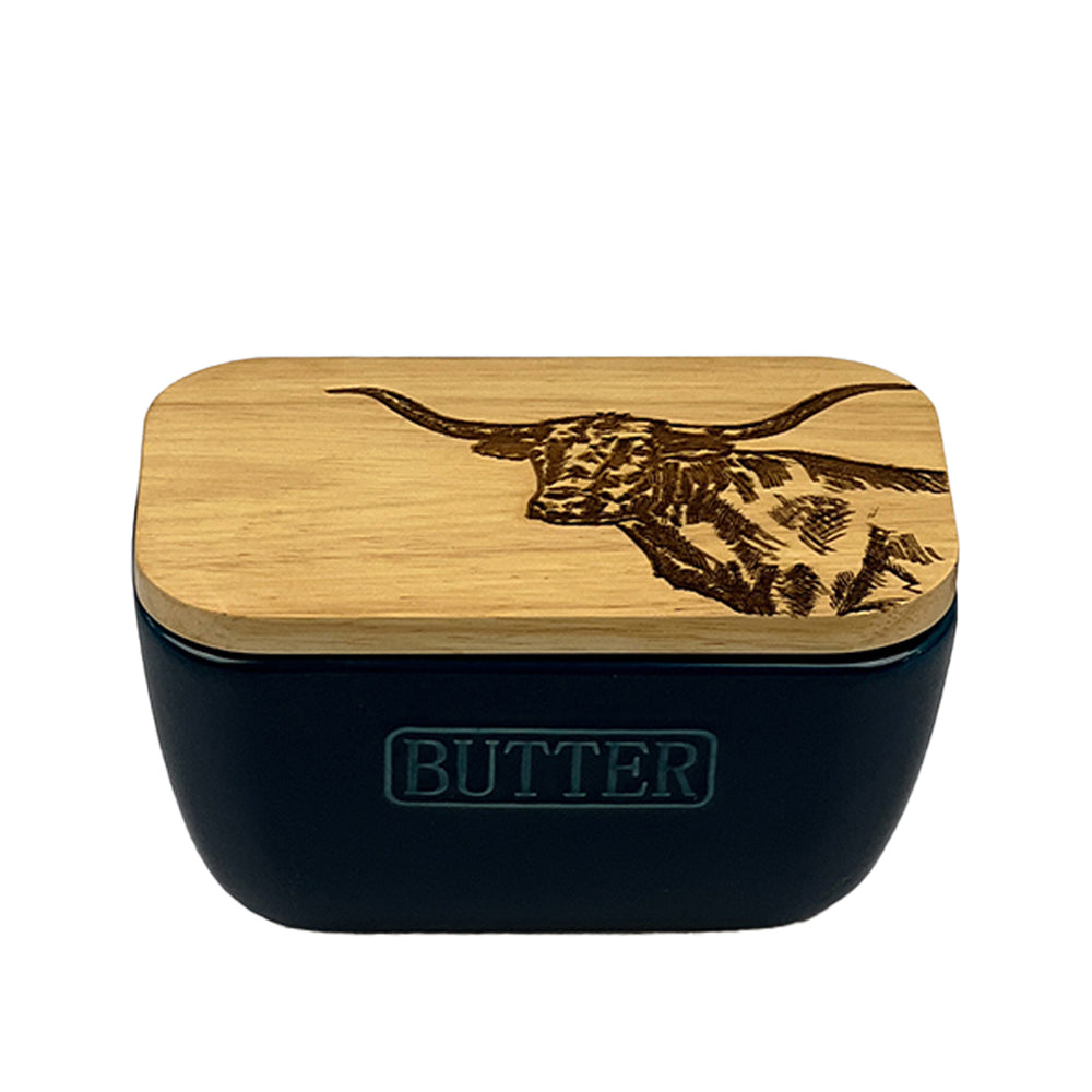 Texas Longhorn Blue Butter Dish