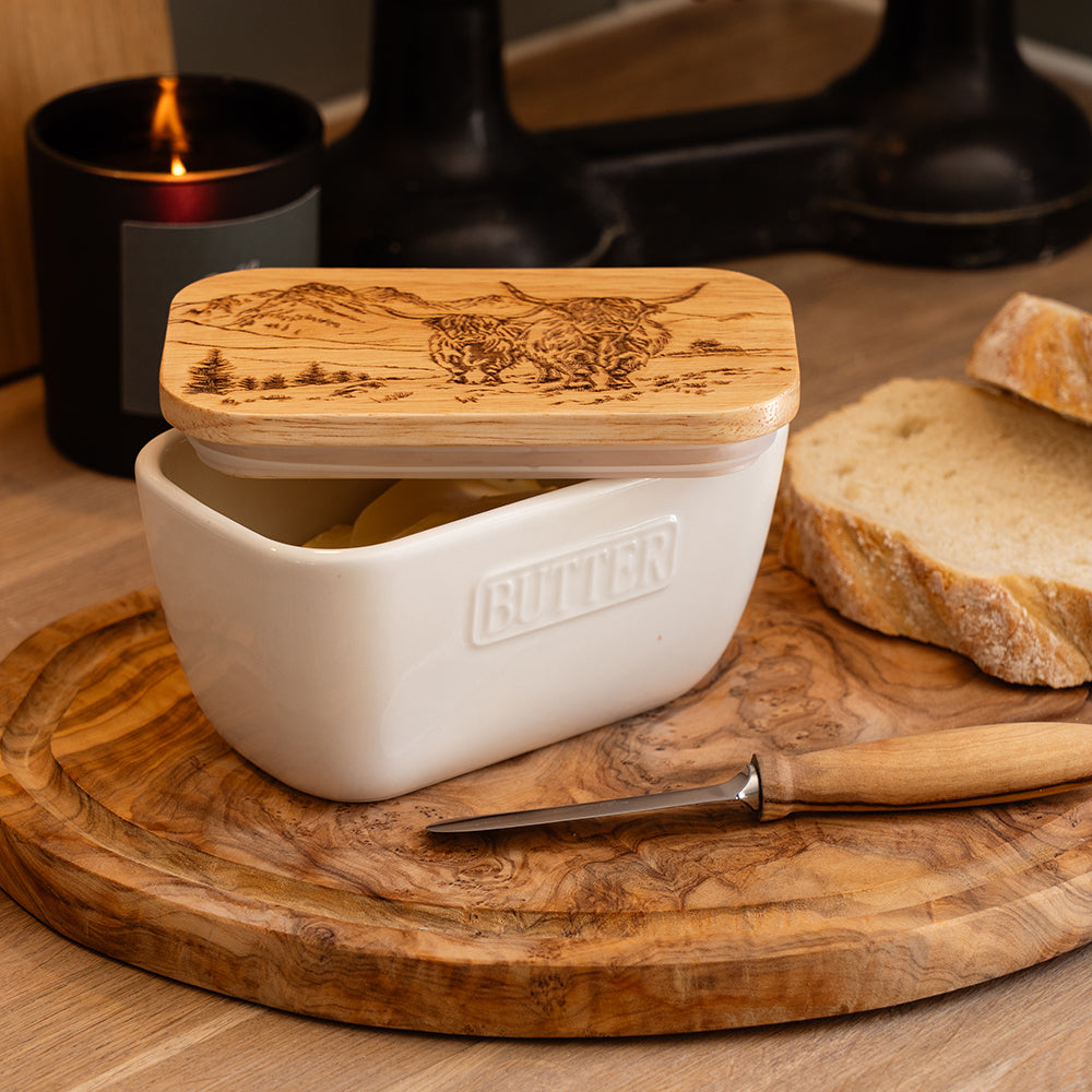 Scenic Highland Cow White Butter Dish