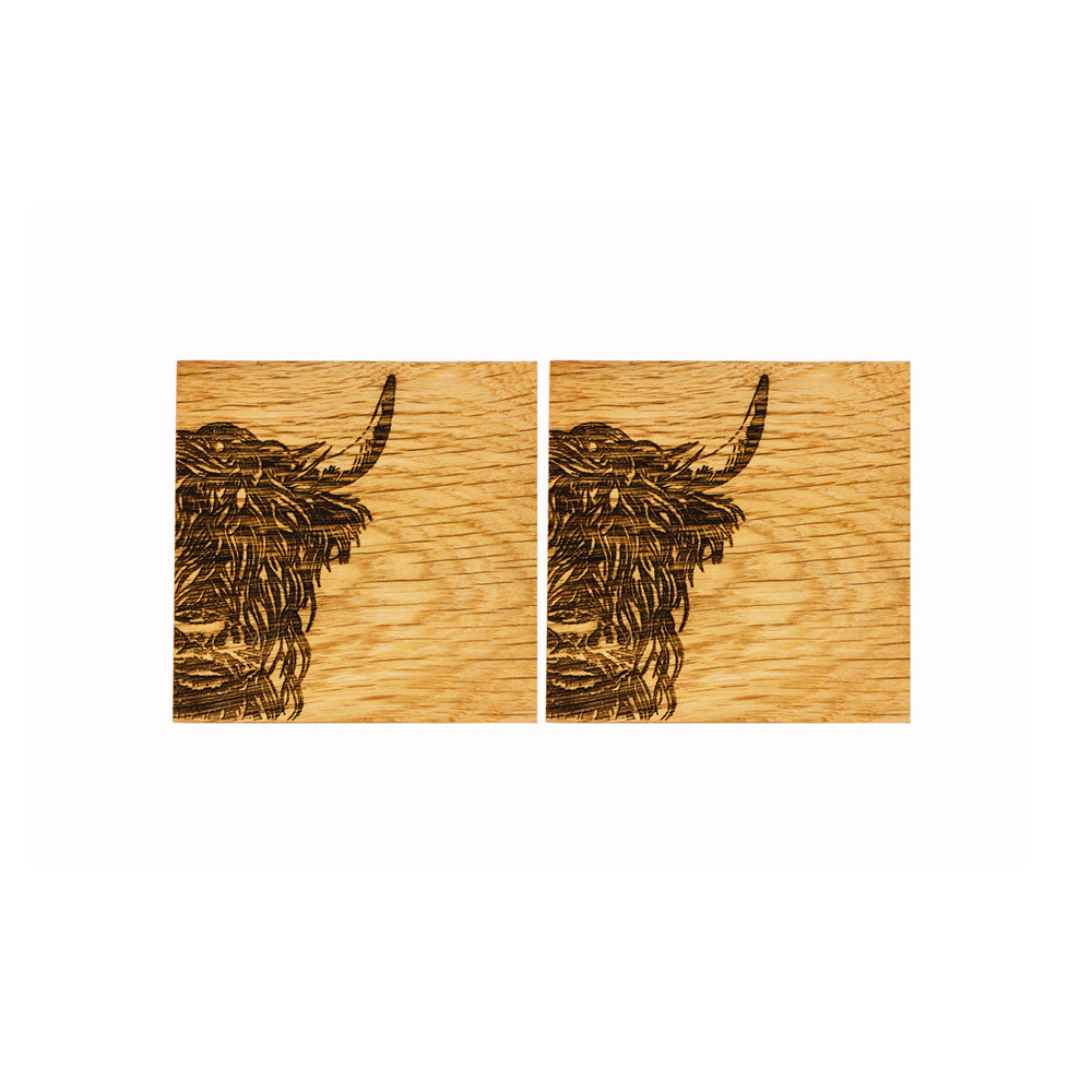 Highland Cow Oak Coasters - Set of 2