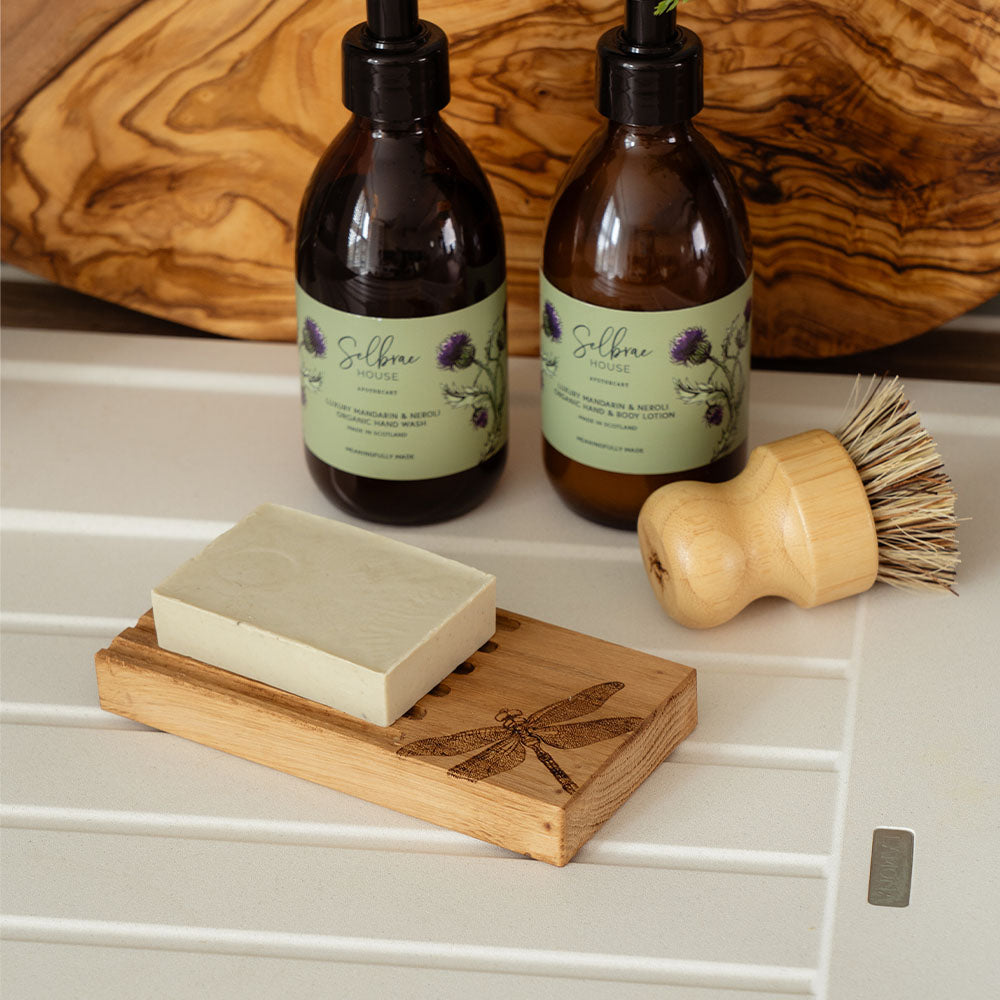 Dragonfly Oak Soap Dish &amp; Soap Set