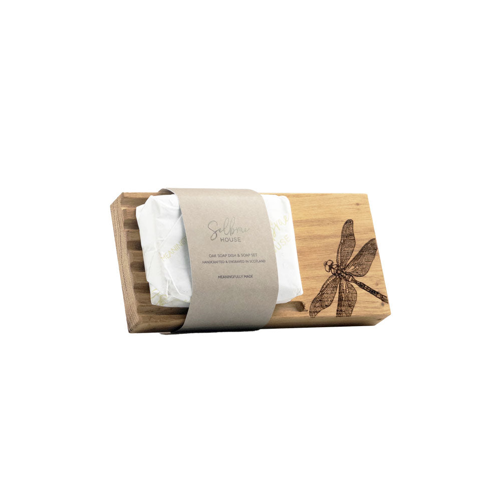 Dragonfly Oak Soap Dish &amp; Soap Set