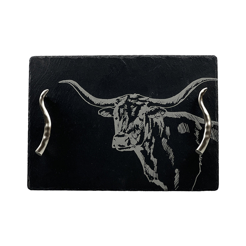 Texas Longhorn Slate Serving Tray with Steel Handles
