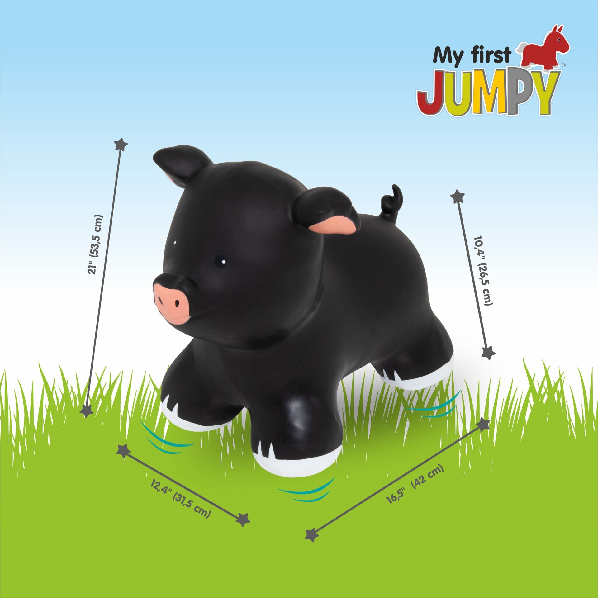 playful black piggy jumpy toy bouncing in a sunny garden with a child laughing