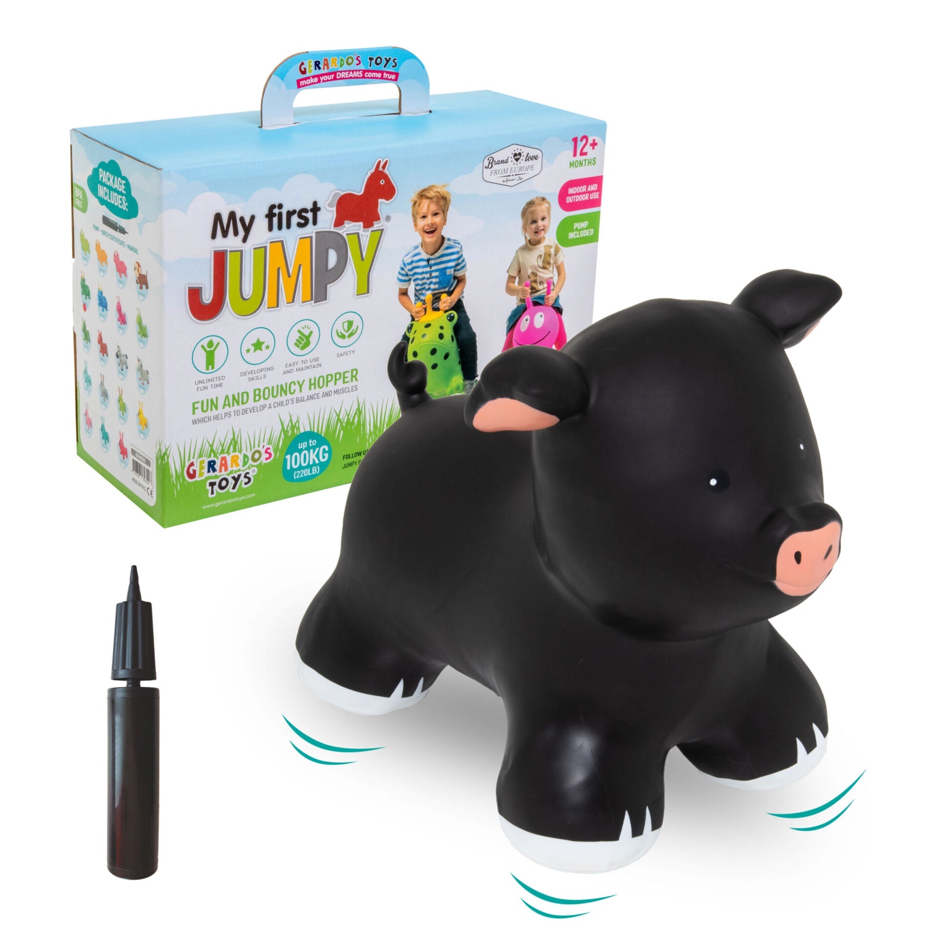 elegant black piggy jumpy toy on a soft grey background, showcasing its refined design for developmental play