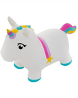 a soft unicorn hopper toy for toddlers on a cozy nursery rug