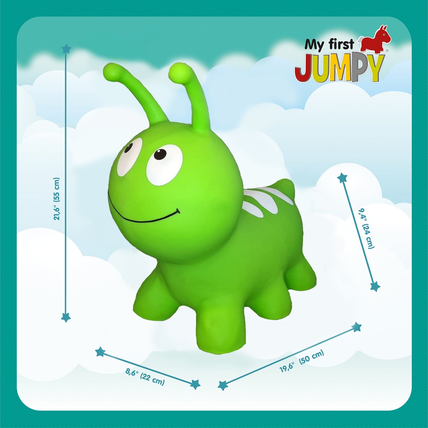 a soft green wormy jumpy toy sitting gently on a cozy nursery rug