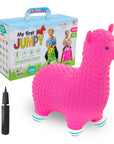 pink alpaca jumping toy with hand pump and birth certificate on a clean background